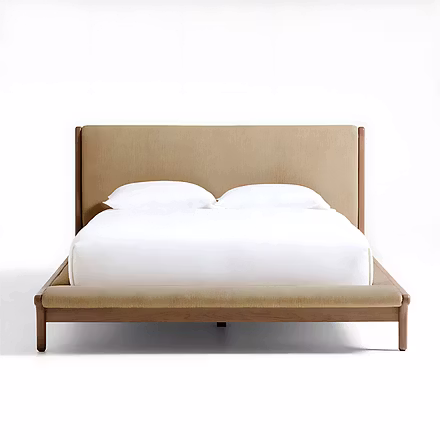 Front view of solid teak frame bed with plush upholstered headboard and wrapped footboard bench, sho