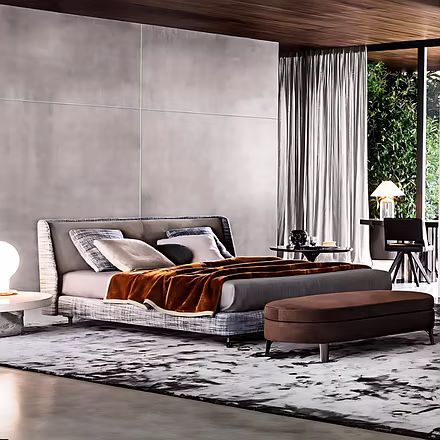 Voila upholstered bed styled in a contemporary room – customisable king and queen size bed with plus