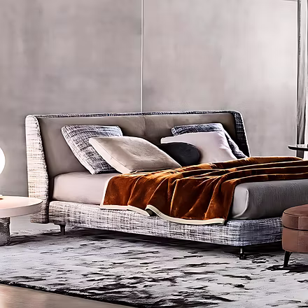 Side angle of Voila upholstered bed – elegant upholstered frame with soft cushioning, available in k