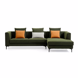 Front-facing sectional Thea Sofa, customisable olive green L shape with plush cushions.
