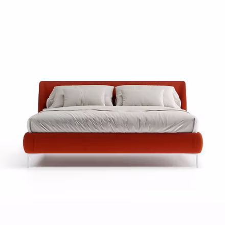 Front view of Tovia upholstered bed in terracotta fabric with cushioned headboard – available in kin