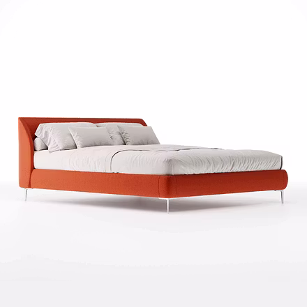 Side angle of Tovia upholstered bed with slim metallic legs and plush upholstery – king size and que