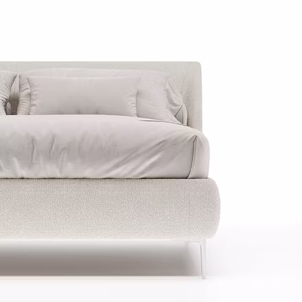 Close-up of headboard side of Tovia upholstered bed in ivory upholstery – available in king and quee