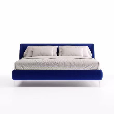 Front view of Tovia upholstered bed in royal blue fabric – modern design bed available in king and q