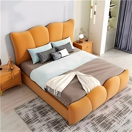 &quot;Front view of the Dove upholstered bed by WoodKraft Studio, showcasing its customisable light 