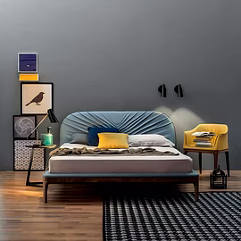 Elegant bedroom setup featuring Tanalin teakwood upholstered bed – handcrafted in king and queen siz