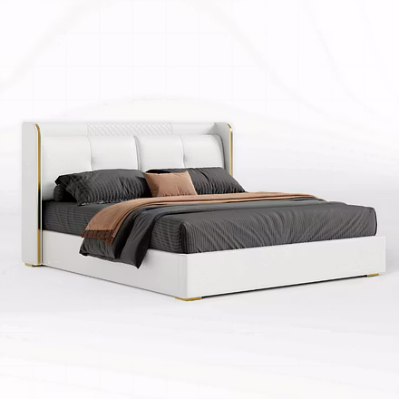 Angled view of Nova bed showing padded headboard and platform frame — King/Queen size option.