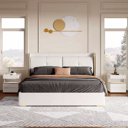 Front-on product shot of Nova bed in neutral finish with tall headboard — King/Queen size option.