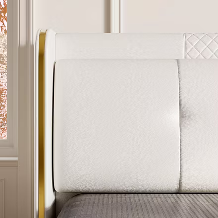 Close-up of Nova padded headboard detail and gold edge trim — King/Queen size option.