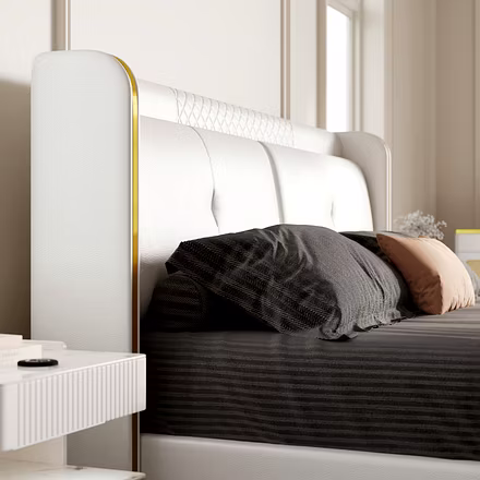 Close perspective of Nova headboard, pillows and stitched diamond detail — King/Queen size option.
