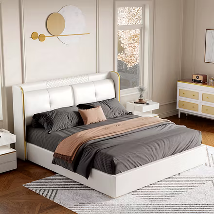 Styled bedroom scene with Nova bed and dresser, soft neutral upholstery — King/Queen size option.