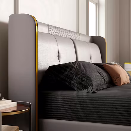 Close perspective of Nova headboard, pillows and stitched diamond detail — King/Queen size option.