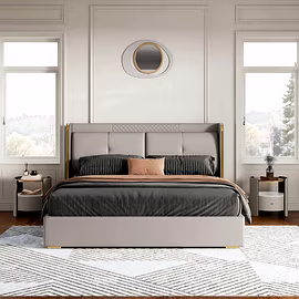 Front room shot of Nova upholstered bed in styled bedroom, quilted headboard accent — King/Queen siz