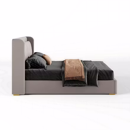 Nova upholstered bed side view with gold trim and low platform base — King/Queen size option.