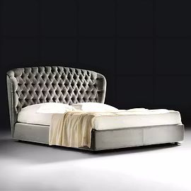 Stars upholstered bed in grey velvet with gently curved headboard, set in a contemporary bedroom (av