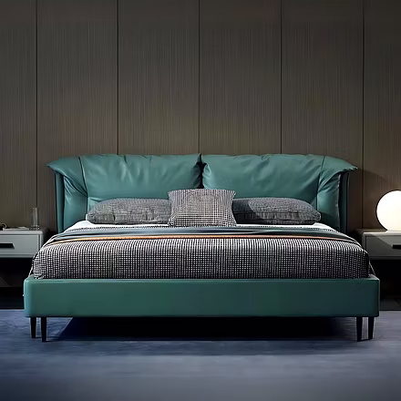 Image 1 (Teal bed in modern bedroom setup): Binate upholstered bed in teal with winged headboard, cu