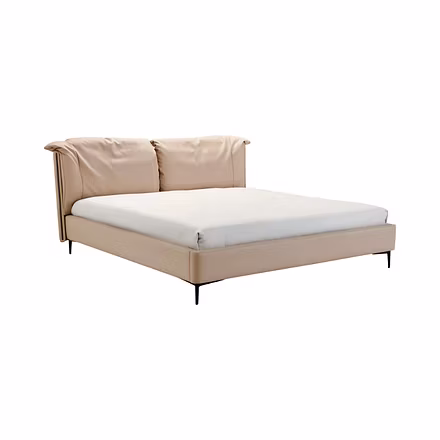 Image 3 (Angled beige bed on white background): Customisable Binate upholstered bed with padded head