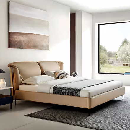 Image 5 (Beige bed with window view): Modern Binate upholstered bed placed in a contemporary bedroom