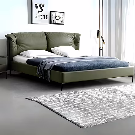 Image 6 (Olive green angled bed): Binate upholstered bed in olive green with cushioned headboard, cu