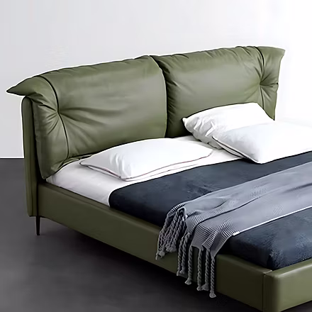 Image 6 (Olive green angled bed): Binate upholstered bed in olive green with cushioned headboard, cu