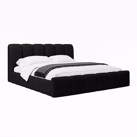 Angled side shot of black Atlas bed frame with fully cushioned base – King and Queen platform bed