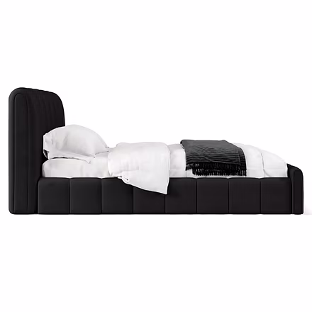 Side profile of Atlas bed in black showing full upholstered frame – King and Queen bed frame