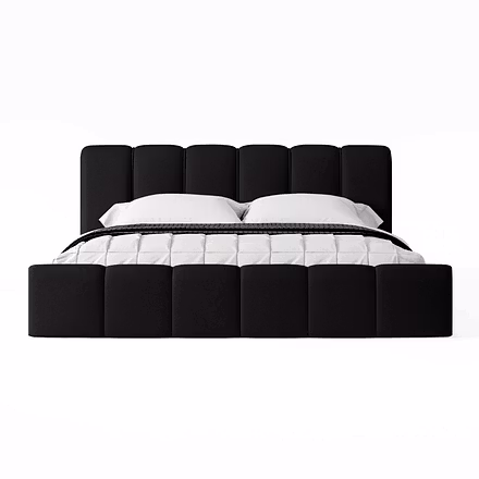 Front view of Atlas upholstered bed in matte black with vertical tufted headboard – King or Queen si