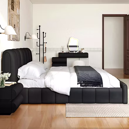 Interior scene with black Atlas bed frame – Tufted design and modern platform base