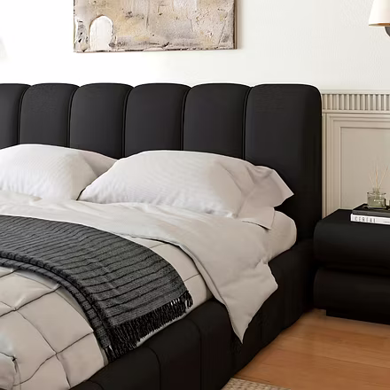 Diagonal front corner view of Atlas bed in black – Contemporary low-profile bed frame