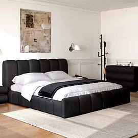 King size black upholstered Atlas bed with modern silhouette and premium cushioning
