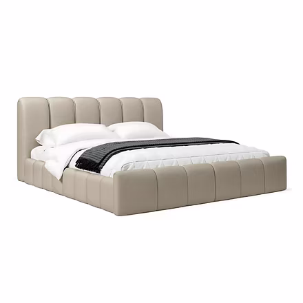 Angled side shot of black Atlas bed frame with fully cushioned base – King and Queen platform bed