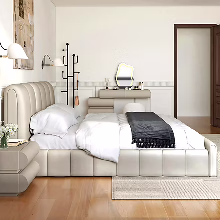 Detail of beige upholstered bed headboard with channel tufting – Soft neutral fabric finish