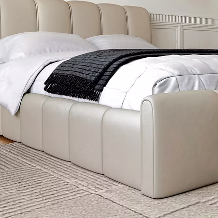Beige Atlas upholstered platform bed showing footboard and side rail padding – King or Queen size