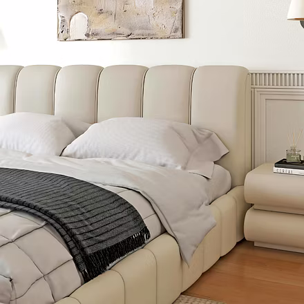 Atlas bed in beige fabric with contemporary bedding – Fully upholstered and custom crafted