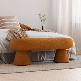 Terra Upholstered Bouclé Bench — front view at foot of bed in terracotta — Woodkraft Studio customiz