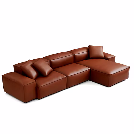brown: “Opulence L shape sofa three-quarter front view in brown leather — modular chaise right”