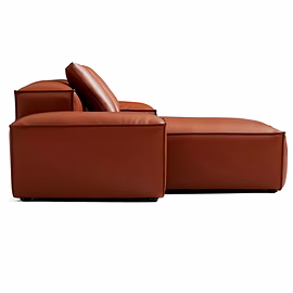 brown: “Side profile of Opulence L shape sofa in brown leather showing low-profile chaise”