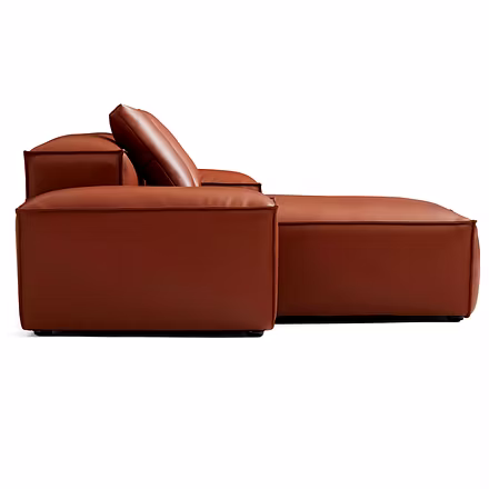 brown: “Side profile of Opulence L shape sofa in brown leather showing low-profile chaise”