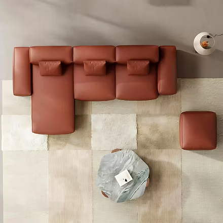 brown: “Opulence L shape sofa top view in brown leather — modular chaise right”