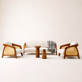 Contour teakwood sofa set by Woodkraft Studio — polished solid teak frame with integrated PVC rattan