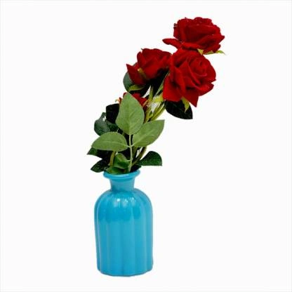 craftfry Luxury glass Bottle Shape (lining) Flower Vases in royal sky blue colour Glass Vase  (13 cm., Blue, Red)-10636310