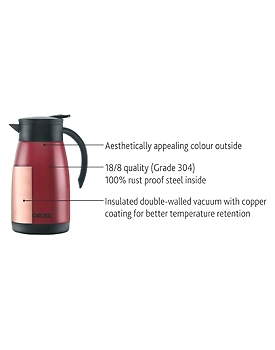 Borosil 1.5 L - Stainless Steel - Vacuum Insulated Teapot Flask, Red