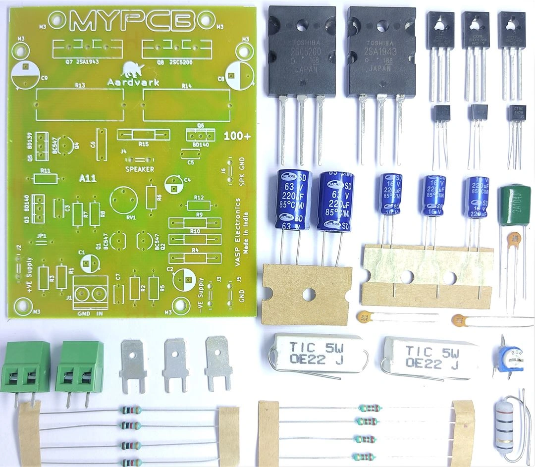 100 Watt Audio Amplifier using 2SC5200 2SA1943 Power Transistors - Easy to Make Hobby Kit-AARDVARK_KIT