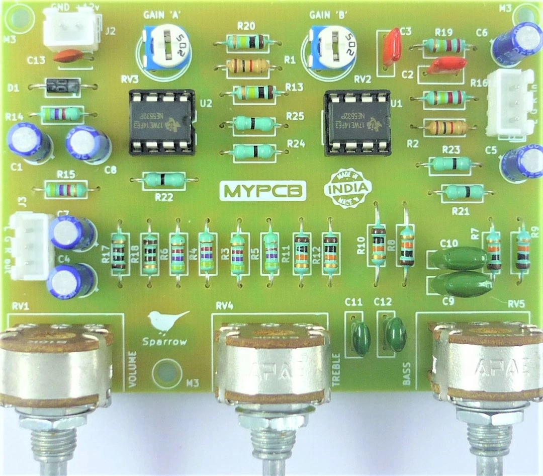 Hi Gain Stereo Bass Treble Board Using NE5532 Dual IC  - Assembled board-SPARROW_ASM