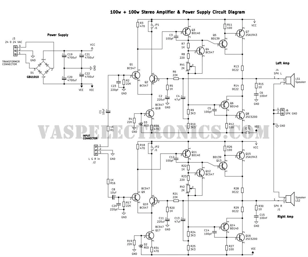 100w + 100 Watt Stereo Amplifier using 2SC5200 2SA1943 Transistors with ...