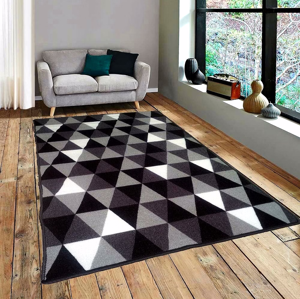 Geometric Modern Triangle Anti-Slip Carpet Rug, Grey & Black (100x150cm) image 1