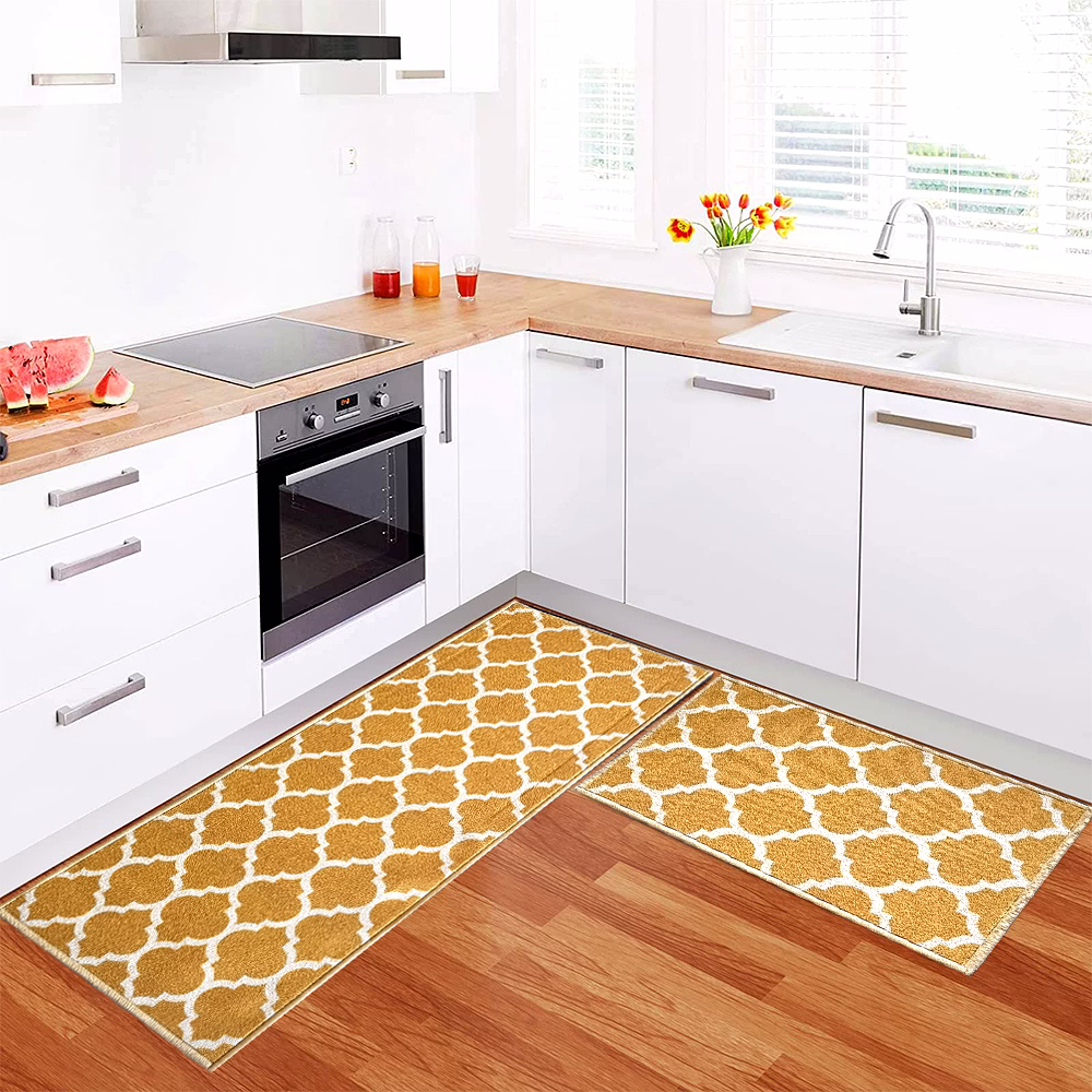 islamic trellis anti-slip floor mat & runner, yellow (set of 2)