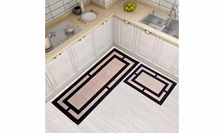 Geometric Rectangle border Anti-Slip Floor Mat & Runner, Black (Set of 2)