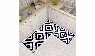 Pattern Jacquard Concentric diamond  Anti-Slip Floor Mat & Runner, Black (Set of 2)