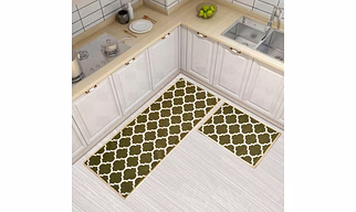 Islamic trellis Anti-Slip Floor Mat & Runner, Dark Olive (Set of 2)
